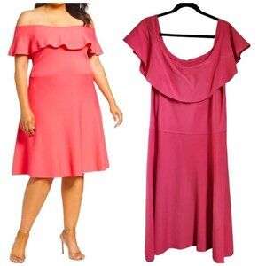 Eliza J Off the Shoulder Dress Plus Size 3X Magenta Ruffle Fit & Flare Midi